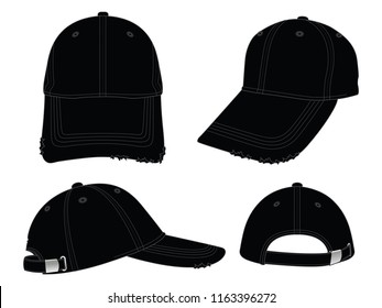 Black Baseball Cap with Ripped Brim Cap, Buckle Strap Back Design on White Background, Vector File.