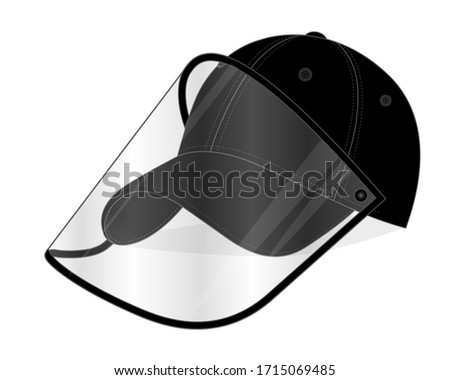 Black Baseball Cap Safety Protection with Plastic Transparent Face Shield Template on White Background, Vector File.