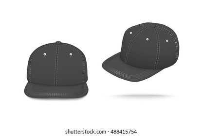 Black baseball cap set, front, side, back views, vector eps10 illustration isolated on white background