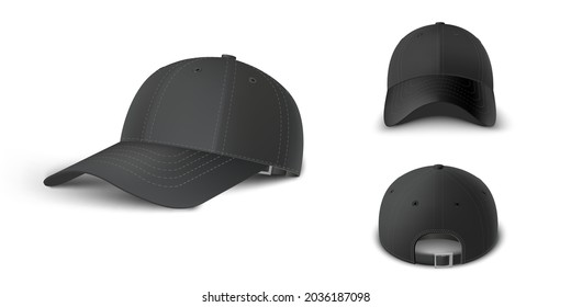 Black baseball cap set side perspective, front and back view realistic vector template