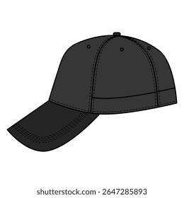 Black Baseball Cap Side View Vector, Flat Hat Design Template.