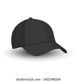 Black Baseball Cap Template. Vector Hat Mockup Isolated on White. Basic Black Blank of Sport Wear Hat. Side View. Tennis Sports Merchandise. Realistic Illustration Design. Modern Fashion Clothes.