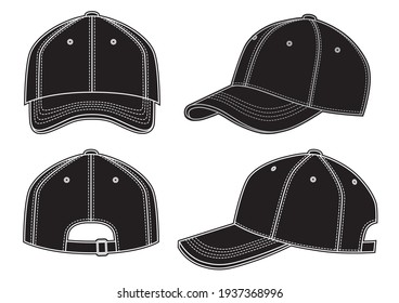 Black Baseball Cap Vector Illustration On White, Front, Back, Side Views