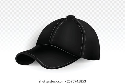 Black Baseball Cap Vector: Realistic 3D Rendering, Light Checkered Background, Curved Brim, White Stitching, Apparel Mockup, Modern Design, Transparent Element, Rounded Crown, Cap Illustration.