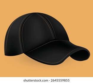 Black baseball cap with visible stitching on a solid orange background