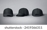 
Black baseball caps mock up in gray background, front and back or different sides. For branding and advertising.