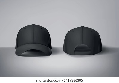 
Las gorras negras de béisbol se burlan de fondo gris, frontal y posterior o de lados diferentes. Para marca y publicidad.