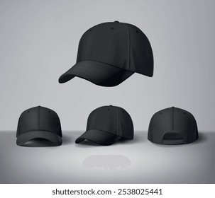 Black baseball caps mock up with logo in gray background, front sides. For branding and advertising.