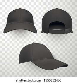 Black baseball caps realistic vector illustrations set. Blank summer hats symbols bundle on transparent background. Sports headwear mockup collection. Stylish headgear design element pack