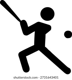 Icono negro de la silueta del jugador de béisbol que muestra al atleta balanceando el bate en la pelota. Ilustración de pictograma plano simple conveniente para el logotipo de los deportes, el App móvil, la infografía, la señalización, y el uso comercial del diseño.
