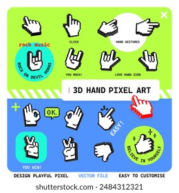 BLACK BASIC 3D Hand Pixel Art Icon Sticker, such as ok, easy to use, you win, victory, thumbs up. Unique style icons vector collection.