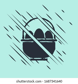 Black Basket with easter eggs icon isolated on green background. Happy Easter. Glitch style. Vector Illustration