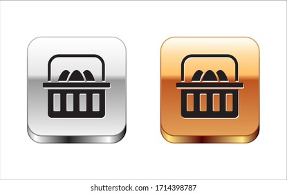 Black Basket with easter eggs icon isolated on white background. Happy Easter. Silver-gold square button. Vector Illustration
