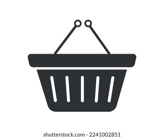 Black basket icon. Inventory for grocery stores and supermarkets. Minimalist creativity and art. Logo for company or organization, branding, advertising and marketing. Cartoon flat vector illustration