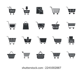 Black basket icons set. Interface for programs and applications, UI and UX design. Marketing and online shopping, home delivery. Cartoon flat vector illustrations isolated on white background