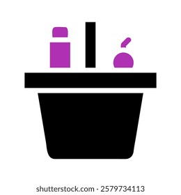 Black basket with purple objects minimalist design