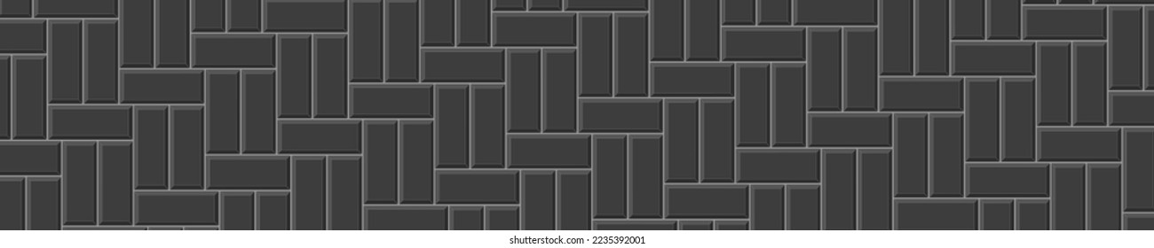 Black basket weave tile horizontal background. Sidewalk mosaic texture. Kitchen backsplash surface. Bathroom or toilet floor decoration. Stone or ceramic brick wall. Vector flat illustration