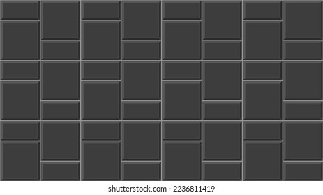 Diseño de mosaicos de baldosas de cestas negras. Textura del paso elevado. Fondo de pared de ladrillo de piedra o cerámica. Patrón de salpicaduras en la cocina. El cuarto de baño, la ducha o el aseo están decorados. Ilustración plana del vector