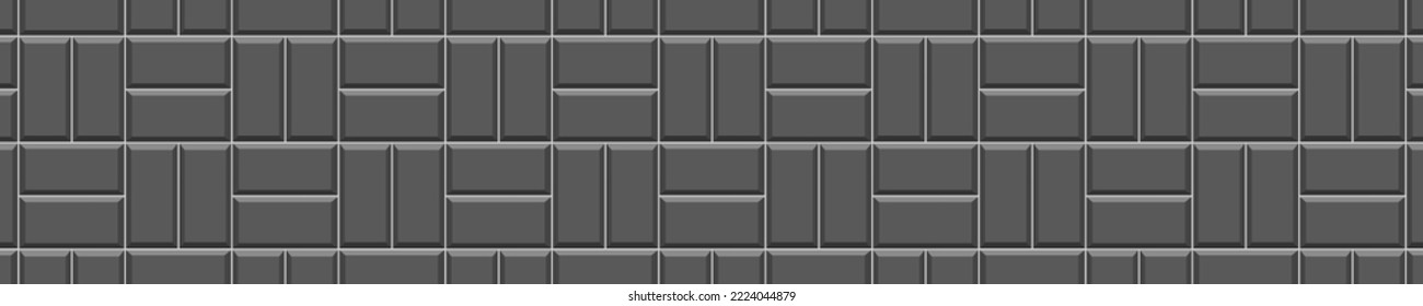 Black basket weave tile texture. Stone or ceramic brick wall seamless pattern. Kitchen backsplash, shower or bathroom floor decoration. Outdoor or indoor mosaic background. Vector flat illustration