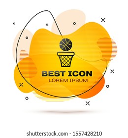 Black Basketball ball and basket icon isolated on white background. Ball in basketball hoop. Abstract banner with liquid shapes. Vector Illustration