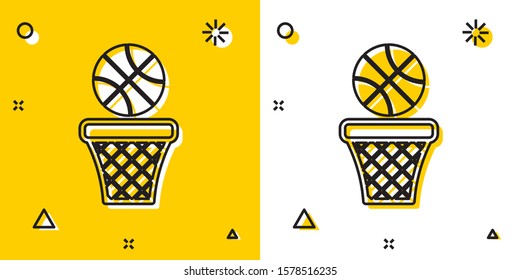 Black Basketball ball and basket icon isolated on yellow and white background. Ball in basketball hoop. Random dynamic shapes. Vector Illustration