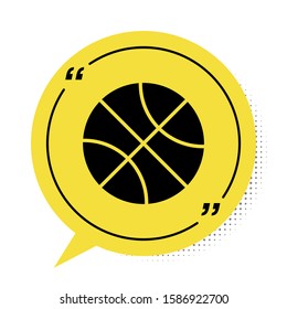 Black Basketball ball icon isolated on white background. Sport symbol. Yellow speech bubble symbol. Vector Illustration