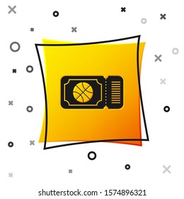 Black Basketball game ticket icon isolated on white background. Yellow square button. Vector Illustration