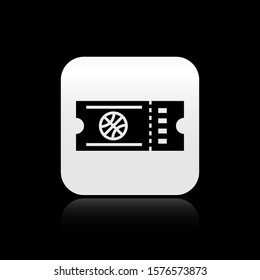Black Basketball game ticket icon isolated on black background. Silver square button. Vector Illustration