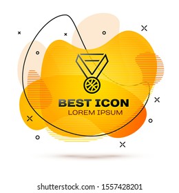 Black Basketball medal with ribbon icon isolated on white background. Abstract banner with liquid shapes. Vector Illustration