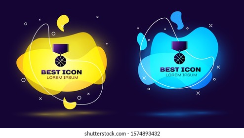 Black Basketball medal with ribbon icon isolated on blue background. Set abstract banner with liquid shapes. Vector Illustration