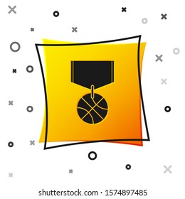 Black Basketball medal with ribbon icon isolated on white background. Yellow square button. Vector Illustration