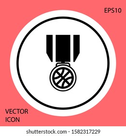 Black Basketball medal with ribbon icon isolated on red background. White circle button. Vector Illustration