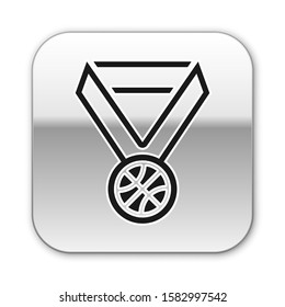 Black Basketball medal with ribbon icon isolated on white background. Silver square button. Vector Illustration