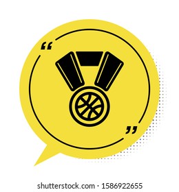 Black Basketball medal with ribbon icon isolated on white background. Yellow speech bubble symbol. Vector Illustration