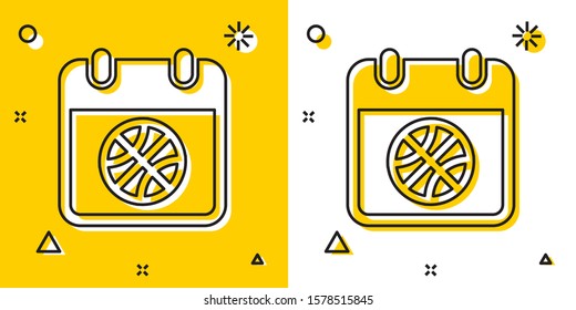 Black Basketball on sport calendar icon isolated on yellow and white background. Random dynamic shapes. Vector Illustration