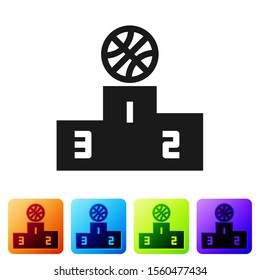 Black Basketball over sports winner podium icon isolated on white background. Set icons in color square buttons. Vector Illustration