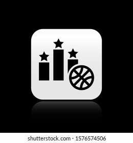Black Basketball over sports winner podium icon isolated on black background. Silver square button. Vector Illustration