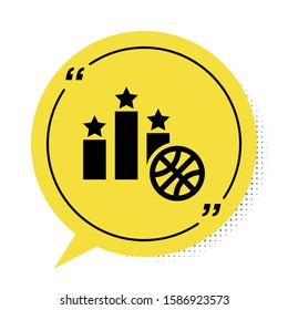 Black Basketball over sports winner podium icon isolated on white background. Yellow speech bubble symbol. Vector Illustration