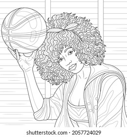 Black basketball player with the ball in her hand.Coloring book antistress for children and adults. Illustration isolated on white background.Zen-tangle style. Hand draw