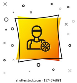 Black Basketball player icon isolated on white background. Yellow square button. Vector Illustration