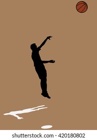 Black basketball player silhouette with color ball on brown background