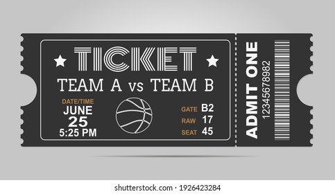 Black Basketball ticket card modern design. Sport ticket tamplate.  Vector illustration