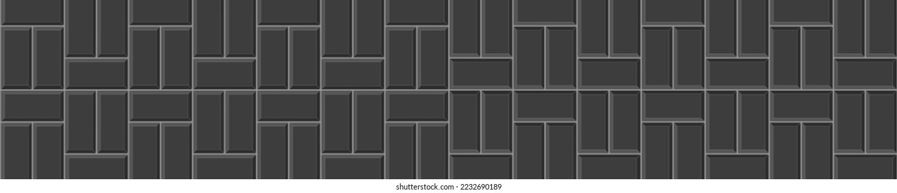 Black basketweave tile horizontal seamless pattern. Stone or ceramic brick wall background. Kitchen backsplash mosaic surface. Bathroom, shower or toilet floor texture. Vector flat illustration