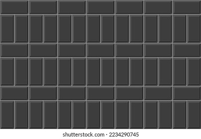 Black basketweave tile layout. Stone or ceramic brick wall pattern. Kitchen backsplash background. Bathroom, shower or toilet floor texture. Sidewalk mosaic decoration. Vector flat illustration