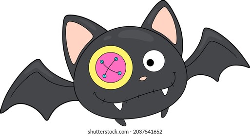 A black bat. With a bright button for an eye. Cute smiling cartoon character with fangs for your Halloween design. Monster. A nocturnal creature. The traditional symbol of Halloween. Vector