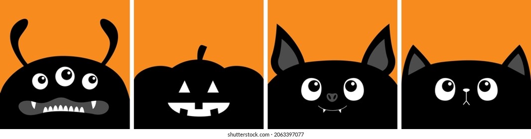 Black bat, cat kitten head face, monster, pumpkin set line. Cute cartoon pet character. Happy Halloween. Bones text font. Bone letter type. Greeting card. Flat design Orange background Isolated Vector