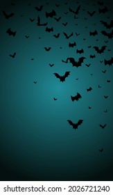 Black Bat Creepy Vector Blue Background. Flock Cute Pattern. Horrible Dracula Banner. Fly Template.