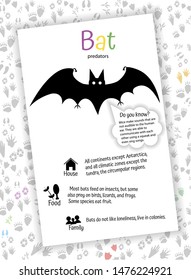 black bat. Educational flash cards. nutrition, habitat, useful information, learning English. Preschool education