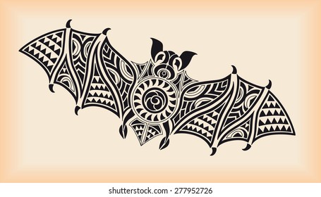 Black bat ethno tattoo design. Editable vector illustration.