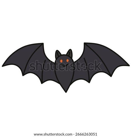 Black bat in flat style with orange eyes, perfect for Halloween decorations, spooky clipart, and horror designs.